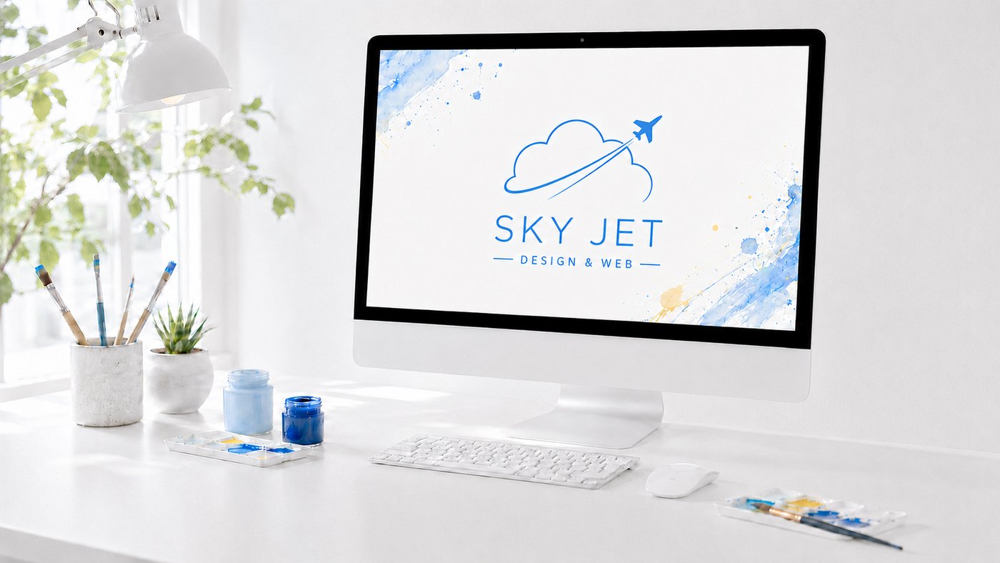 SKY JET DESIGN & WEB のロゴを表示したiMacが置かれたデスクのイメージ