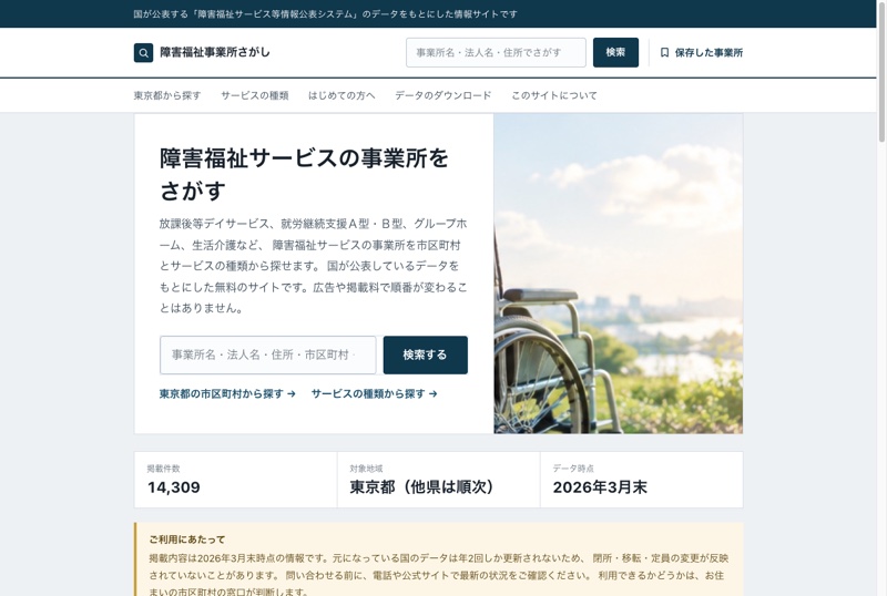 障害福祉事業所さがしのトップページ（検索窓と車いすの写真）